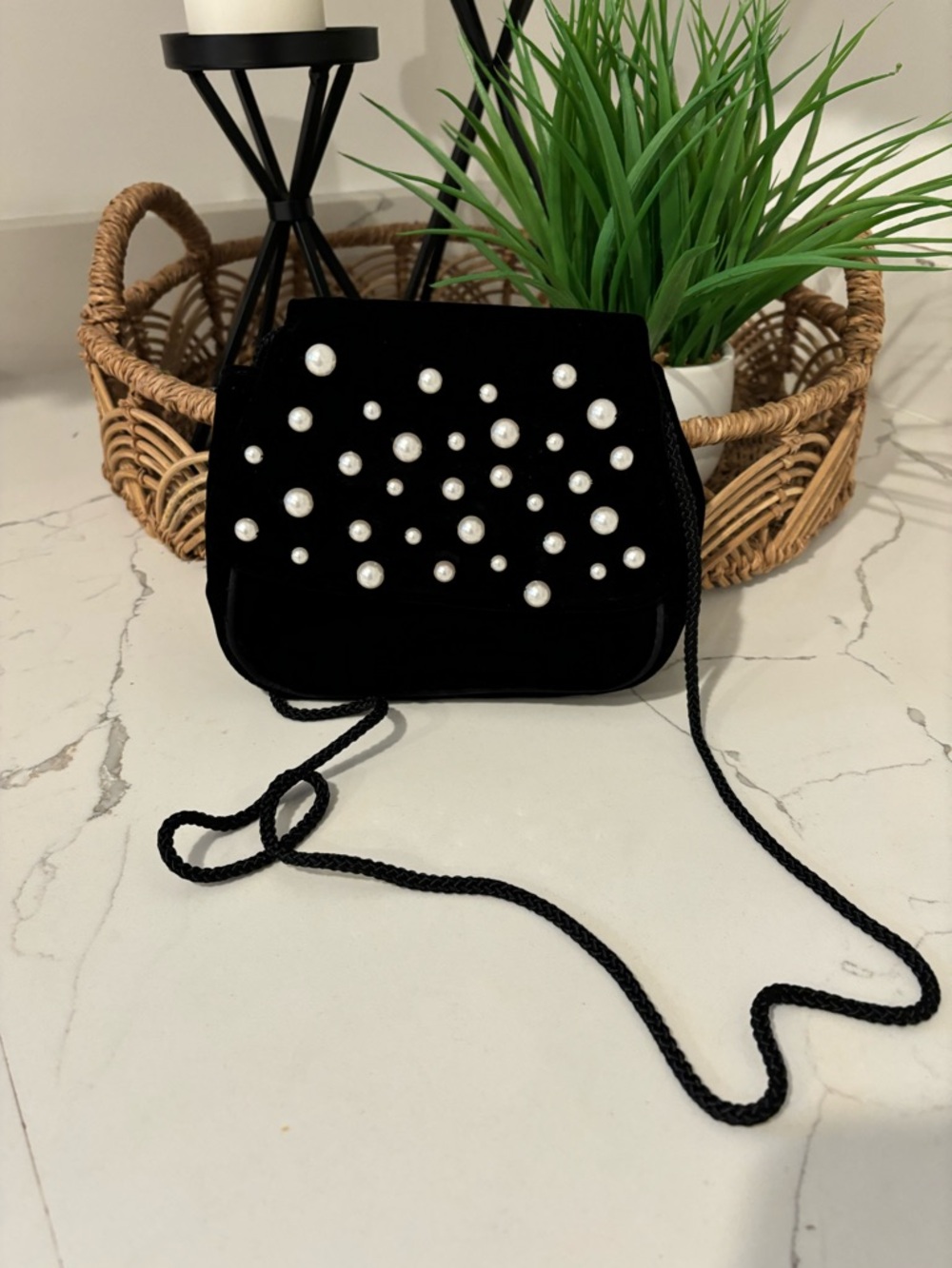 Vintage Carolyne Barton Black Velvet Pearl Accent Evening Bag Formal Y2K
